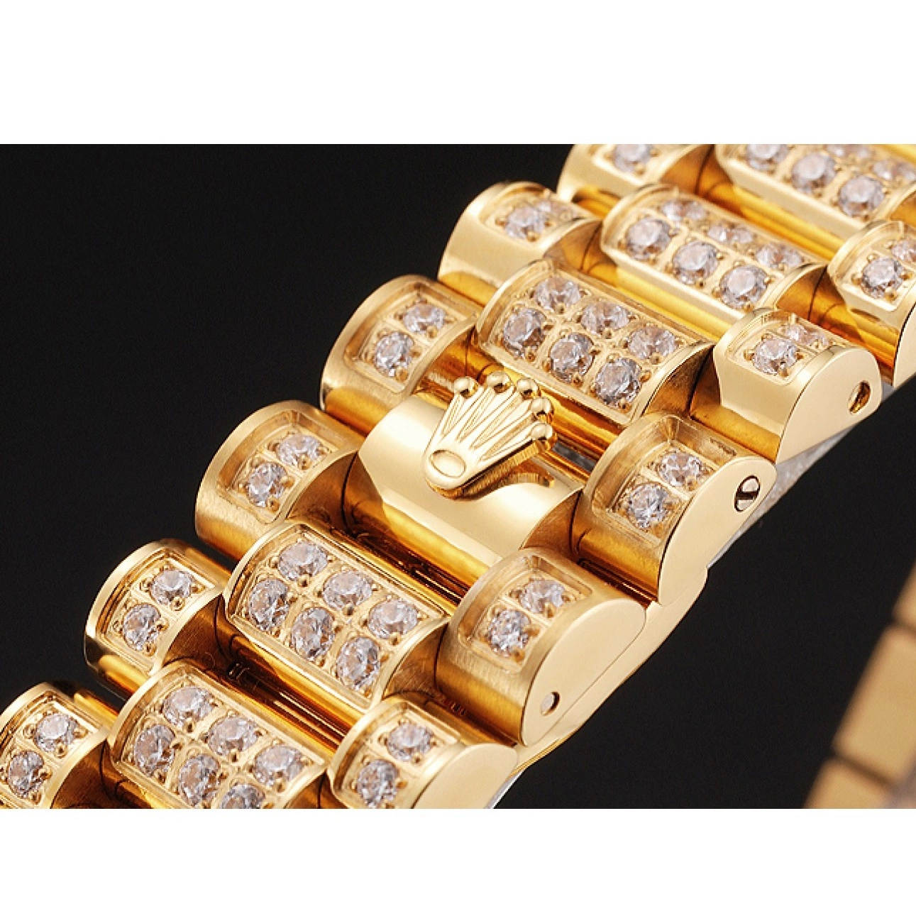 Aaa replica watch Full Day Rolex Date Gold Pave Swiss Yellow Diamond 0816